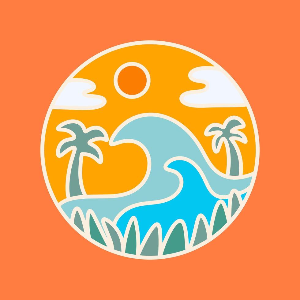 simple mono line art of the waves and summer beach vibes vector