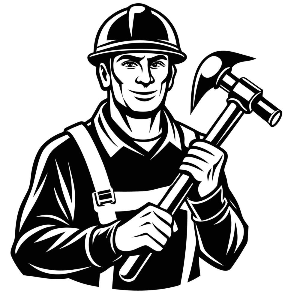Construction Worker Silhouette with Hammer Striking Nail on White Background vector