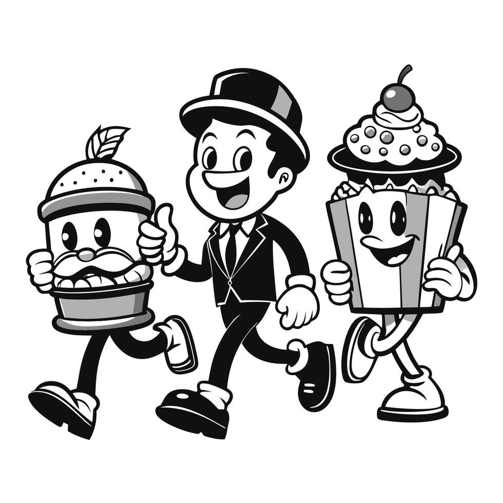 Nostalgic Cartoon Character Set in Monochrome Style vector