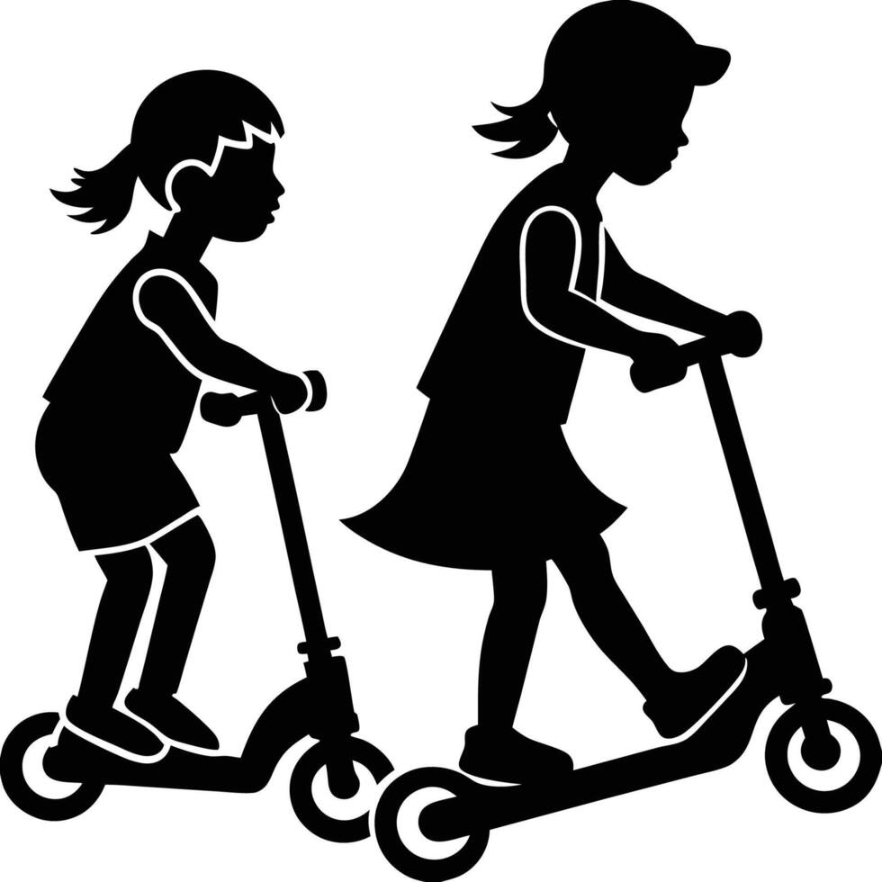 Children Having Fun on a Scooter Captured in Silhouette vector