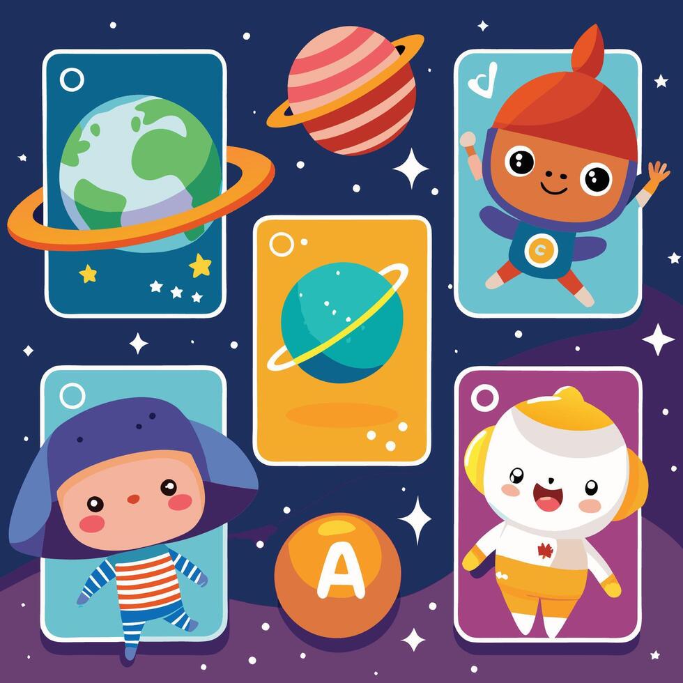Educational Space Flashcards with Adorable Cartoon Characters for Kids vector