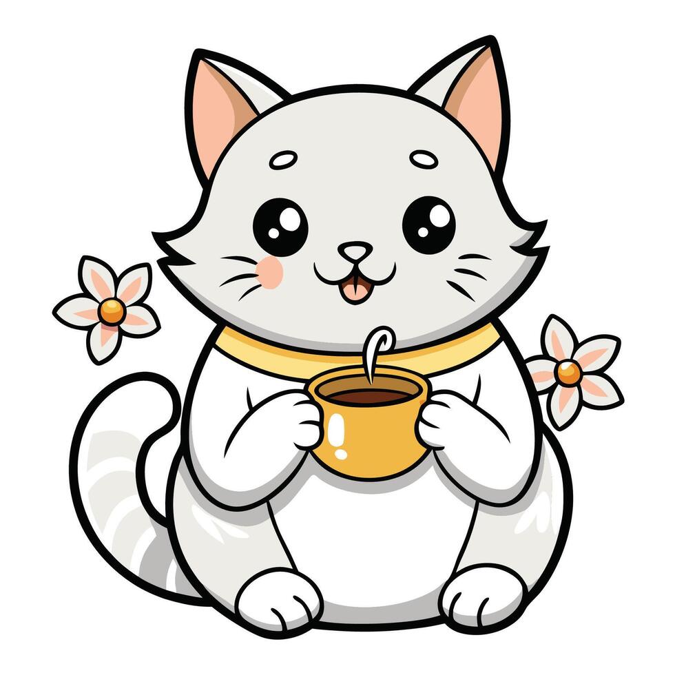 A Captivating Coloring Page Featuring an Adorable Tea Sipping Feline vector