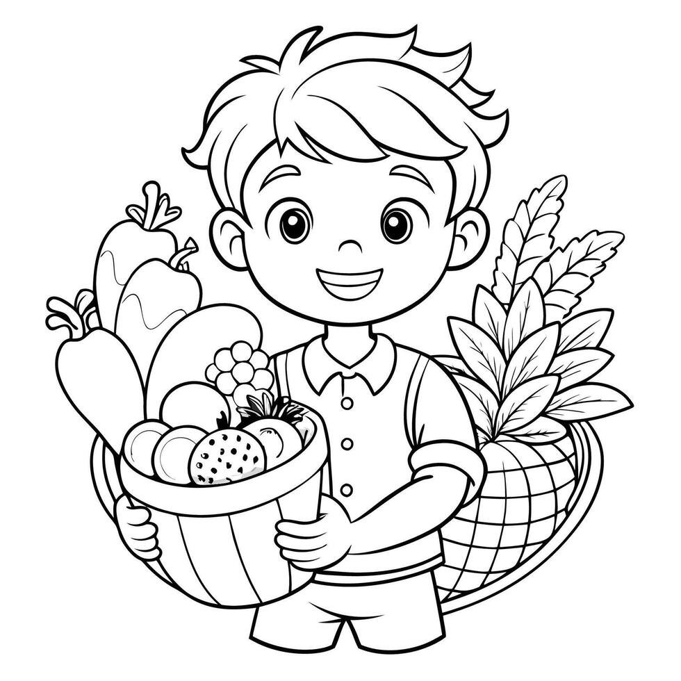 Young Boy Holding a Cornucopia Overflowing with Fresh Vegetables vector
