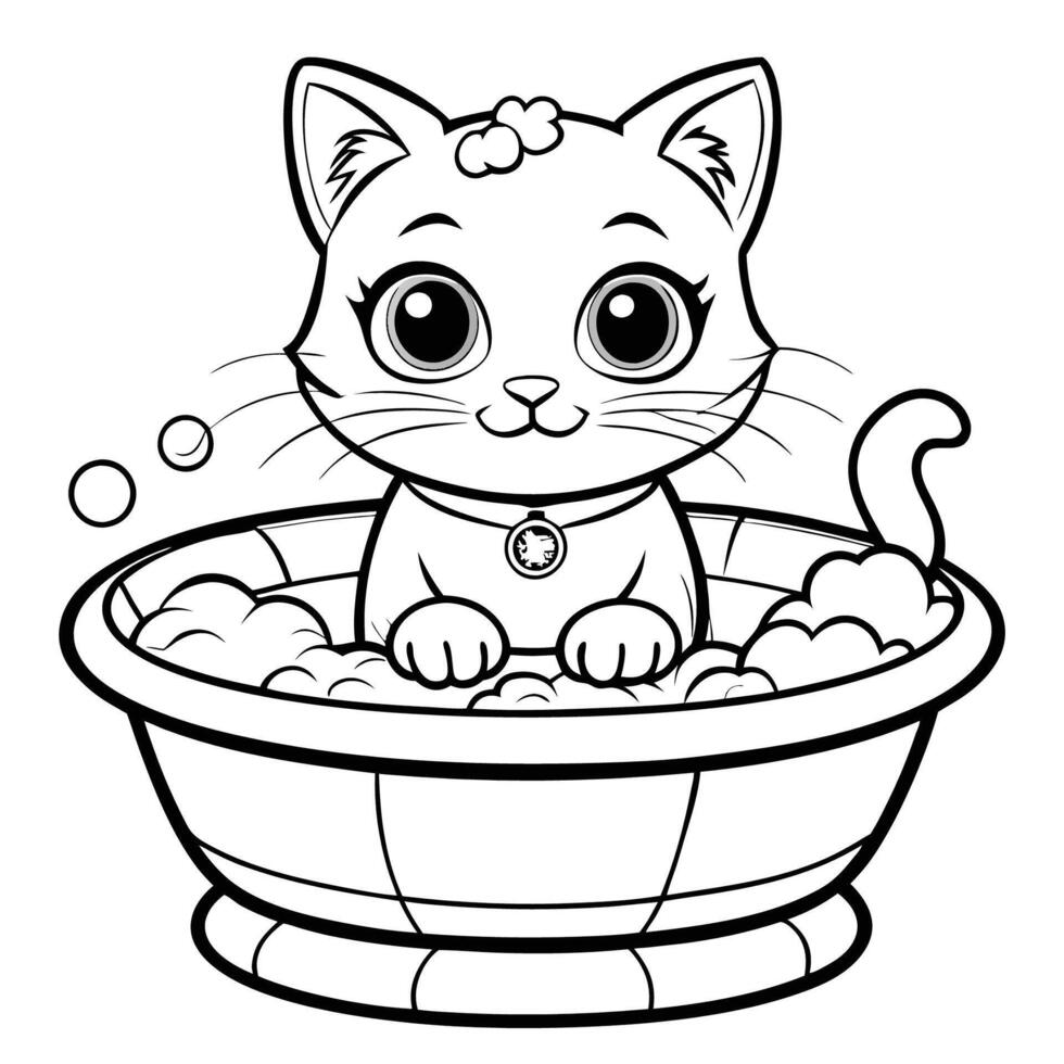 Adorable Feline Bathes Cheerfully in a Ceramic Basin Coloring Page vector