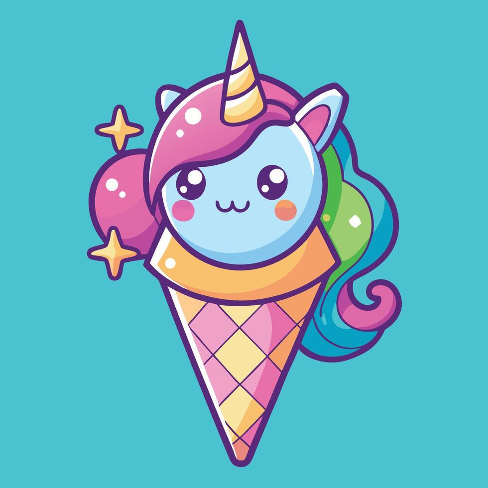 Enchanting Unicorn Ice Cream Cone with Swirling Colors and Rainbow Magic vector