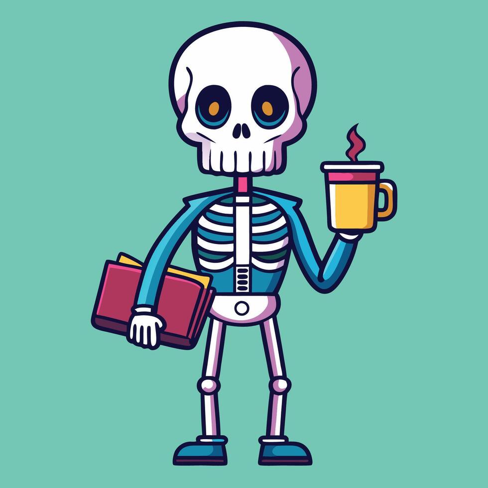Studious Skeleton Reading and Sipping Coffee in Contemplative Pose vector
