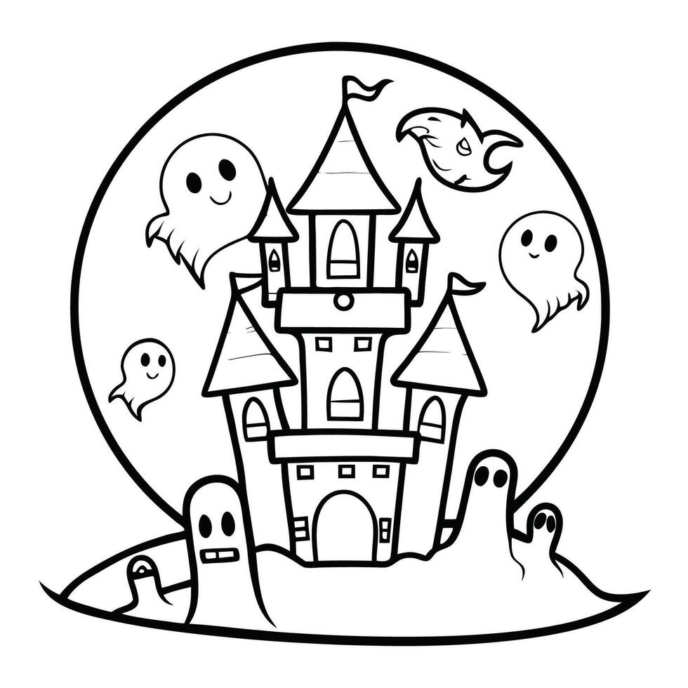 Eerie Castle Silhouette Under a Full Moon with Haunting Ghosts vector