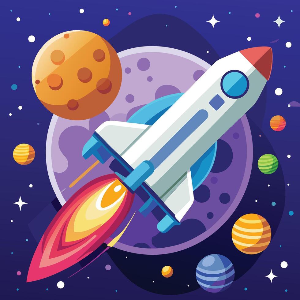 Space Shuttle Soaring through the Night with Planet and Meteorite Debris vector
