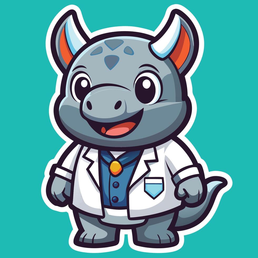 Adorable Sticker Featuring a Cute Doctor Rhino Logo with Masculine Design vector