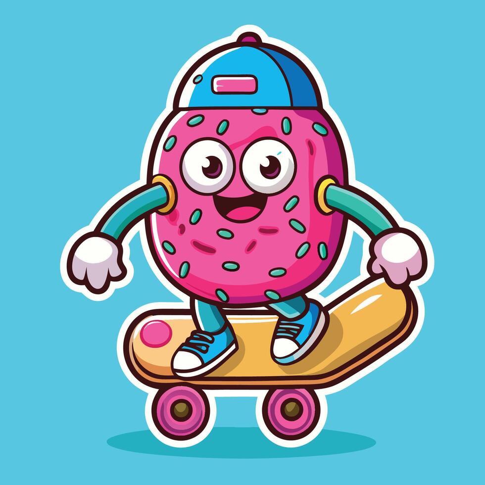 Vibrant Donut Shaped Skateboard Mascot Character Rolling on Wheels vector