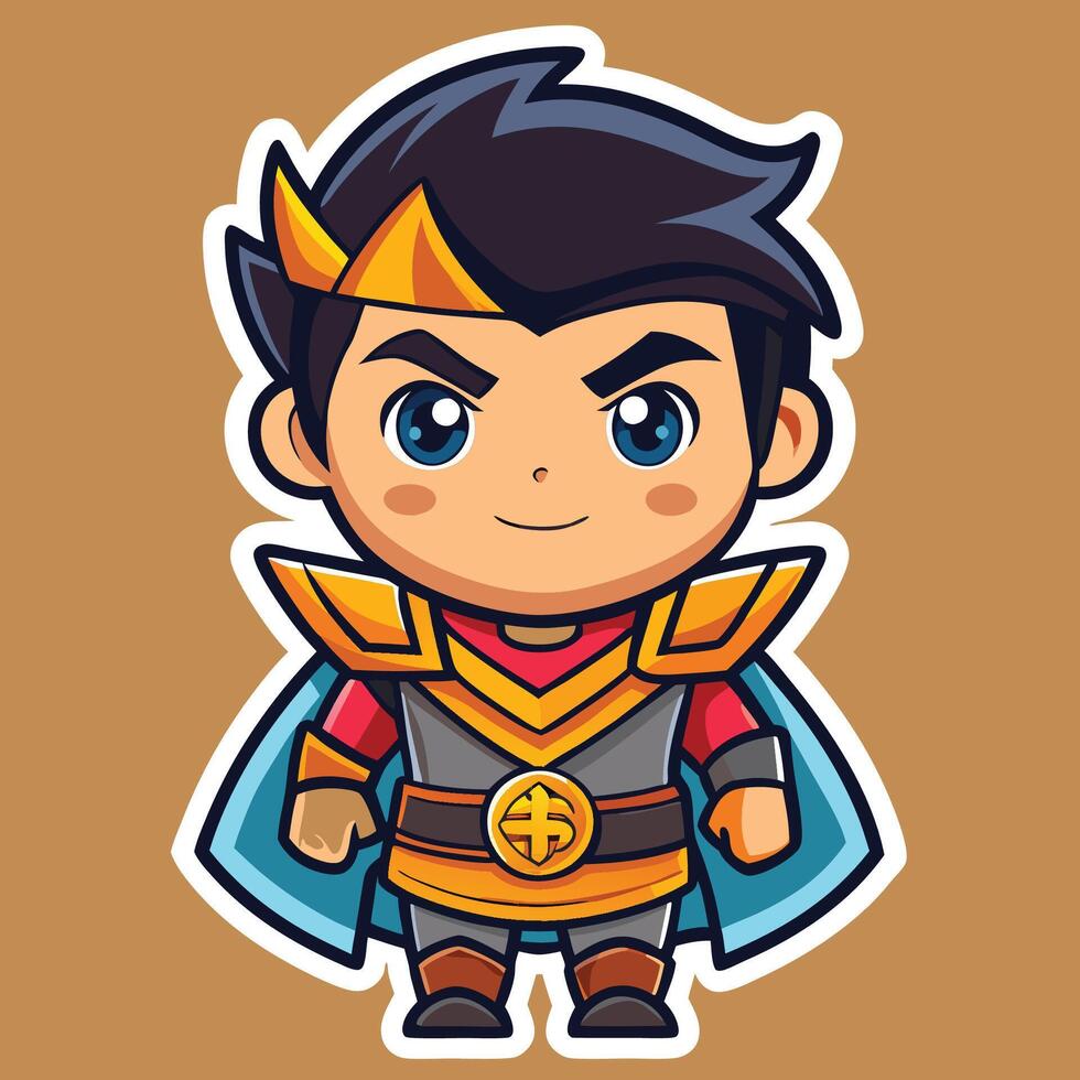 Cute Sticker of a Young Boy in Warrior Uniform Standing Proud vector