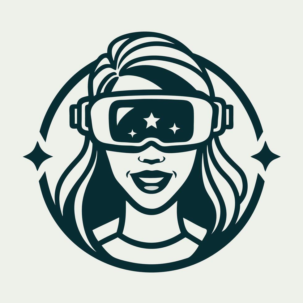 Girl Experiencing Immersive Virtual Reality with VR Headset Logo vector