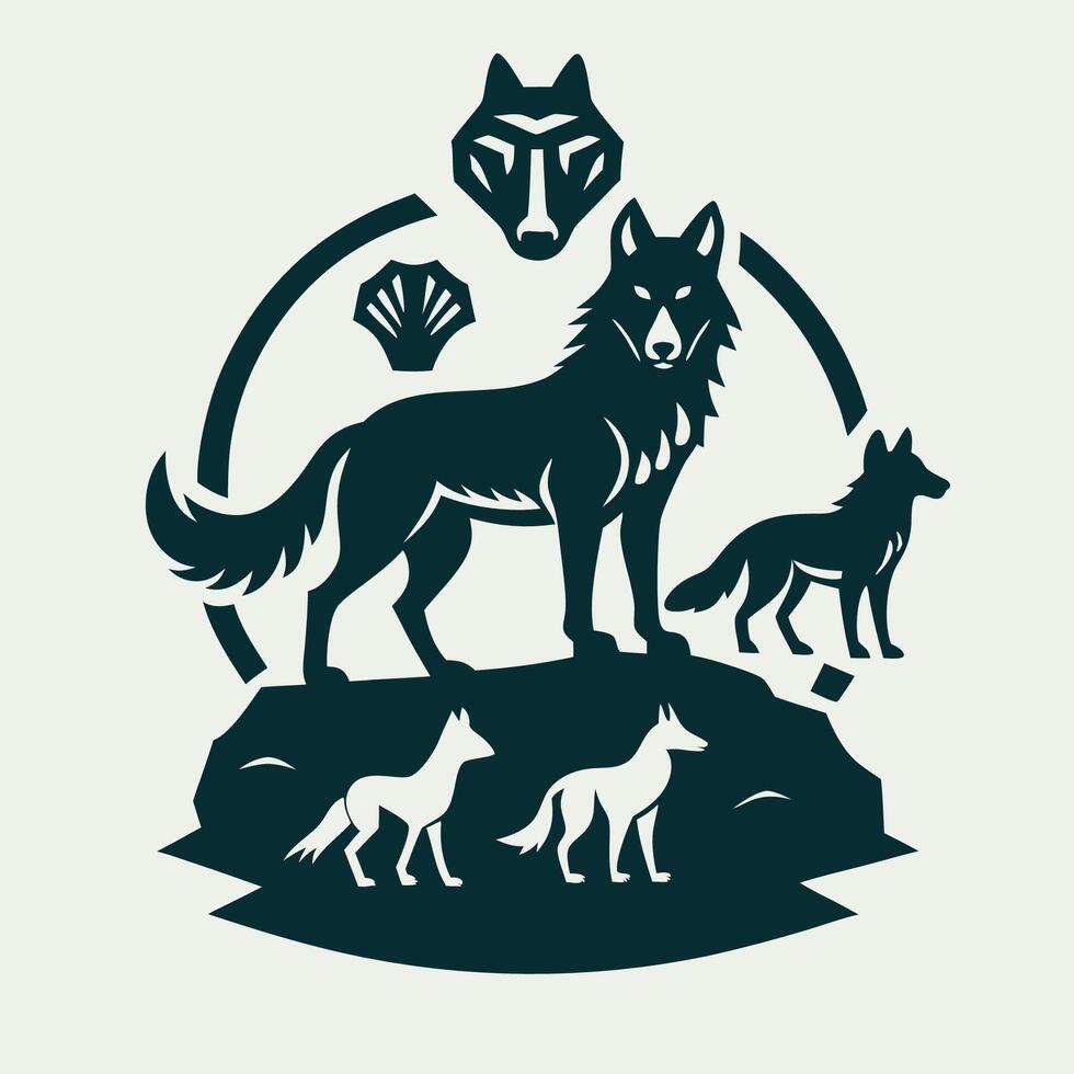 Wild Canids on a Rocky Outcropping Black Wolf Fox Dog Coyote and Jackal vector