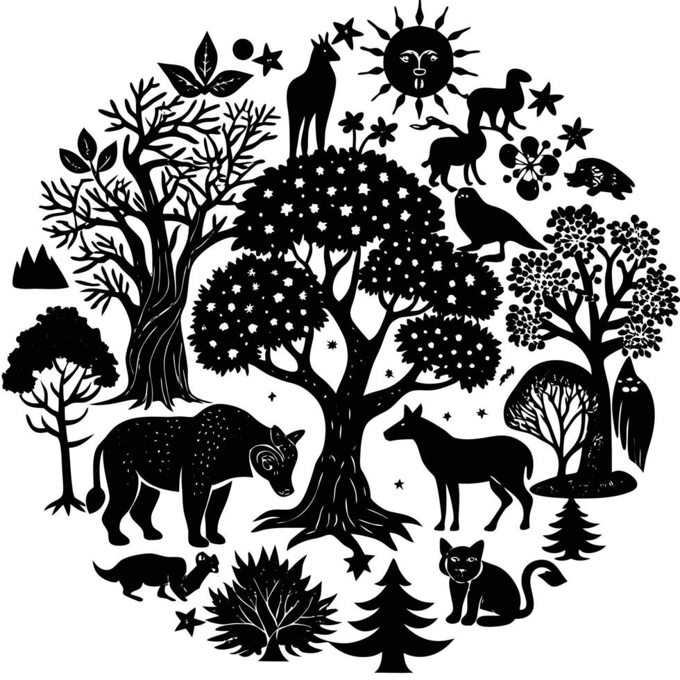 Enchanting Gallery of Vibrant Trees and Lively Animals in Nature s Embrace vector