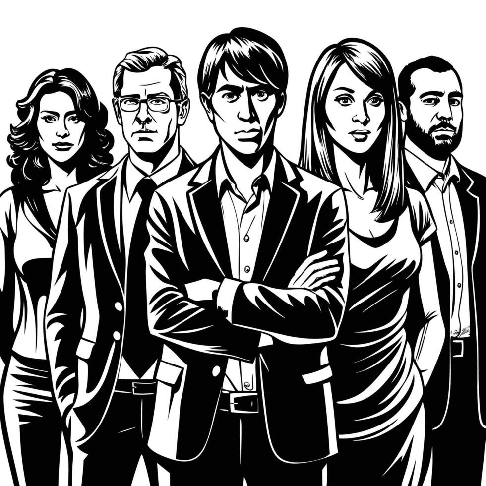 Group of People Standing in a White Room with a Modern Aesthetic vector