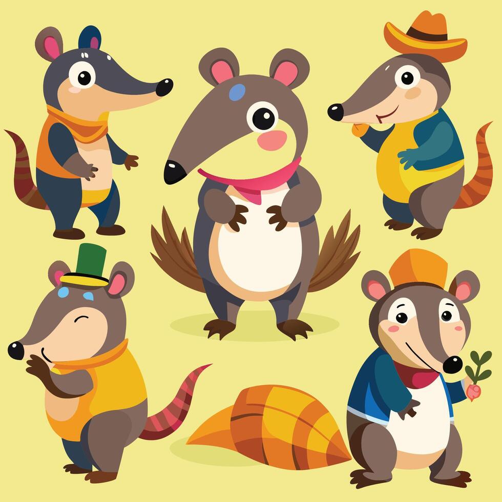 Adorable Cartoon Anteater Quartet Striking Poses vector