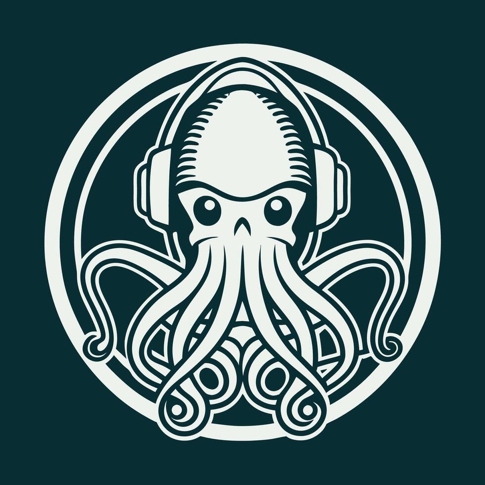 Logo of a Squid Adorned with Earphones Embodying Curiosity vector