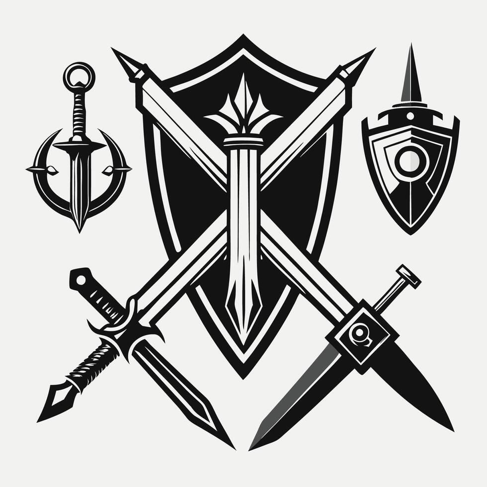 Vintage Monochrome Weaponry Sword Spear and Dagger vector