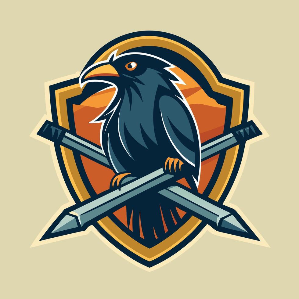 Vintage Wooden Badge Adorned with a Majestic Raven Perched on a Sword vector