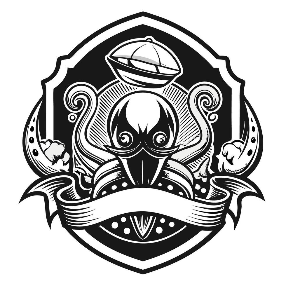 Vintage Seafood Emblem Featuring a Monochrome Squid Graphic vector