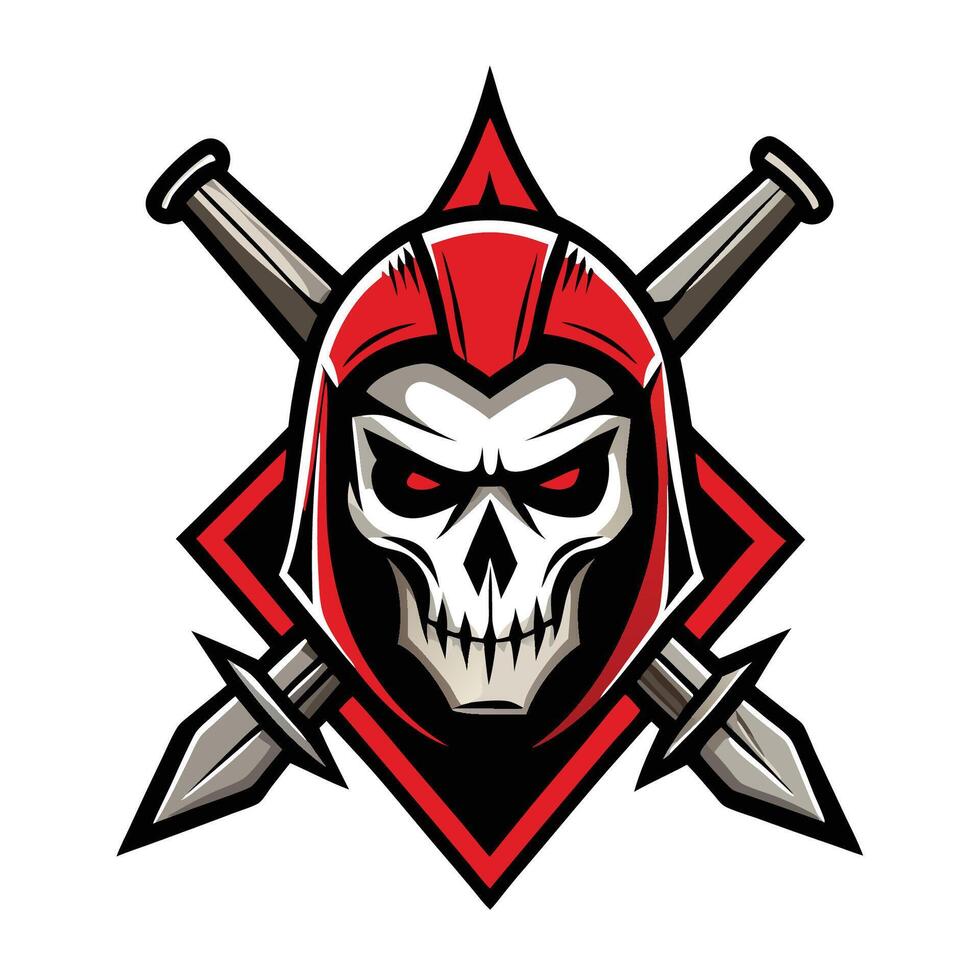 Intricate Spartan Knight Skull Head with Majestic Crossed Swords Adorned Emblem vector