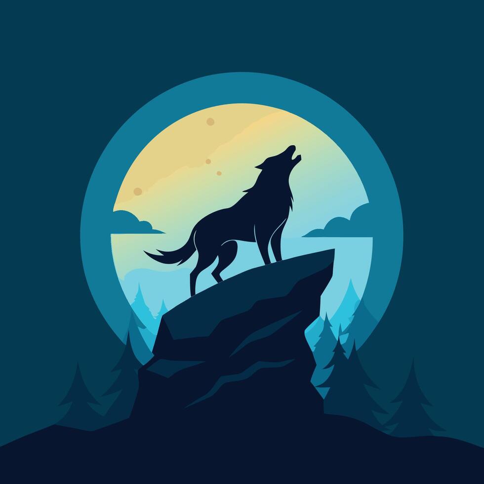 Majestic Silhouette Wolf Howling on Cliff Under Full Moon vector