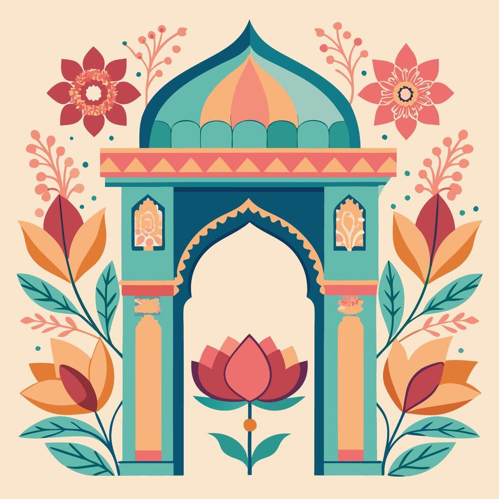 Pastel Hues of Tradition Mughal Inspired Arch Column Adorned with Flowers vector
