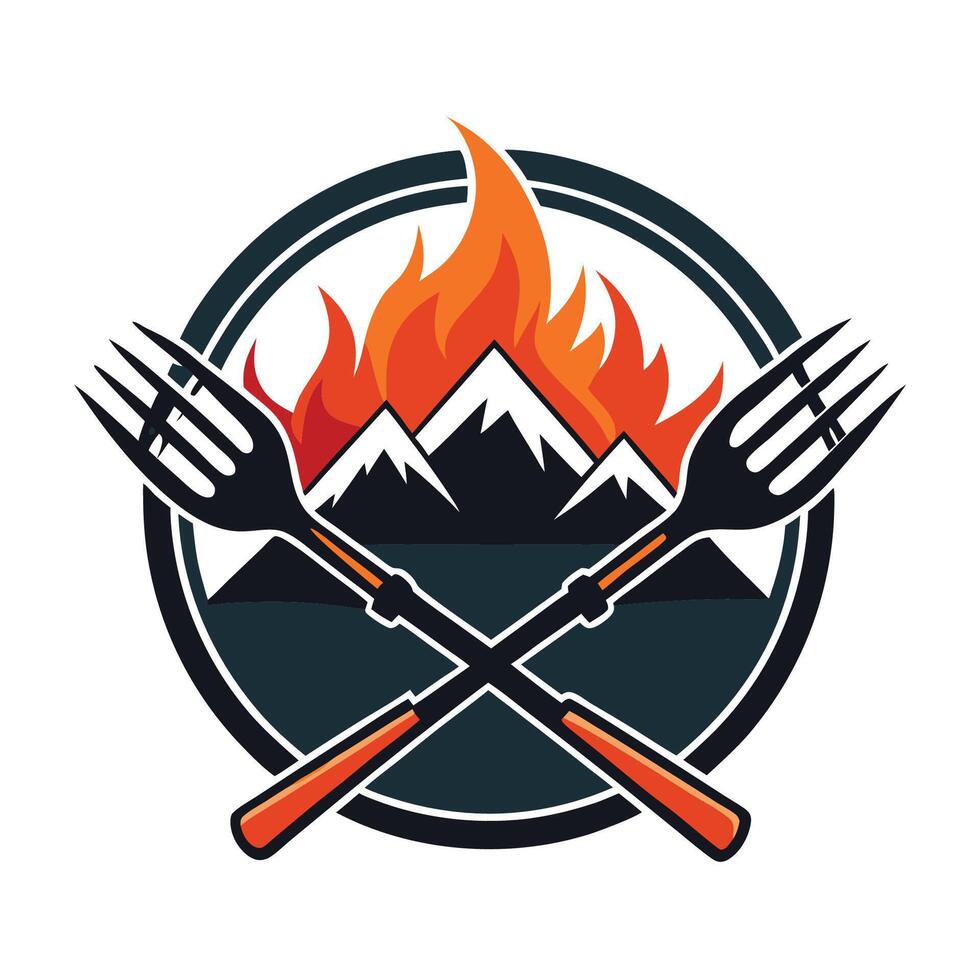 Sizzling Mountain Grill Barbecue with Fork and Flaming Logo vector
