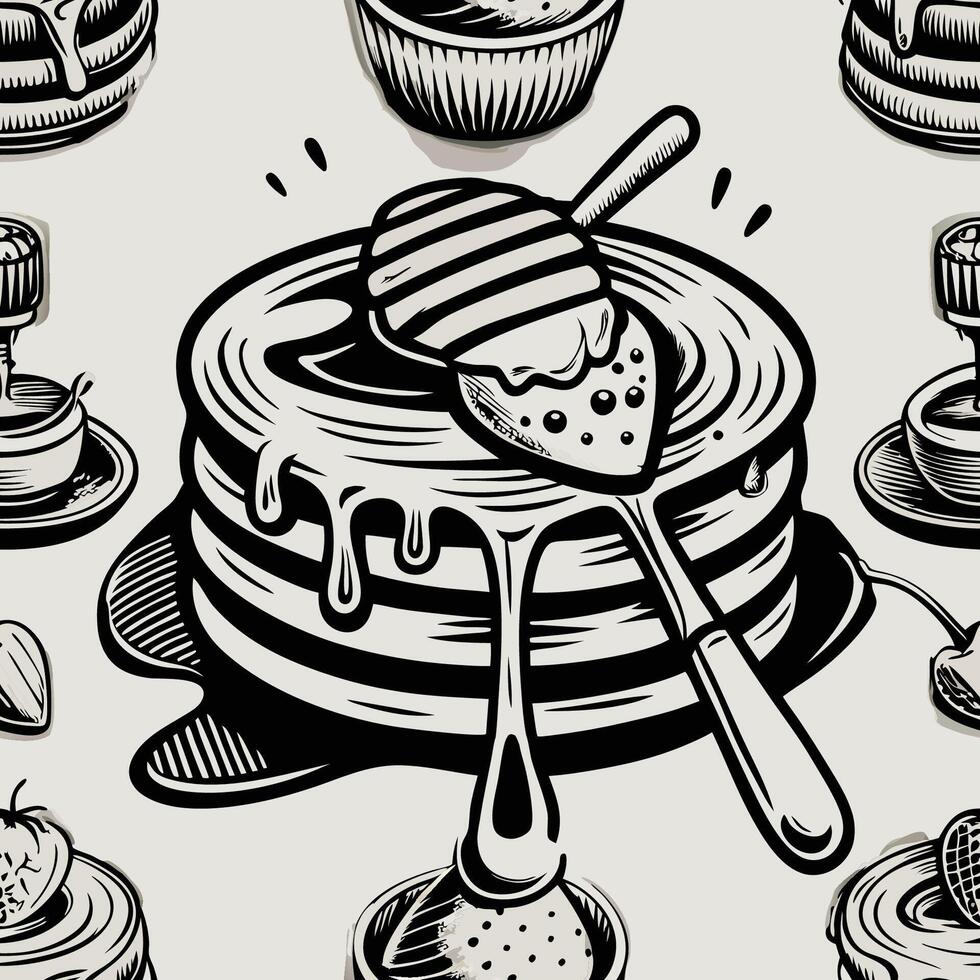 Mouthwatering Pancakes Drizzled with Sweet Honey Served with a Dipper by the Morning Light vector