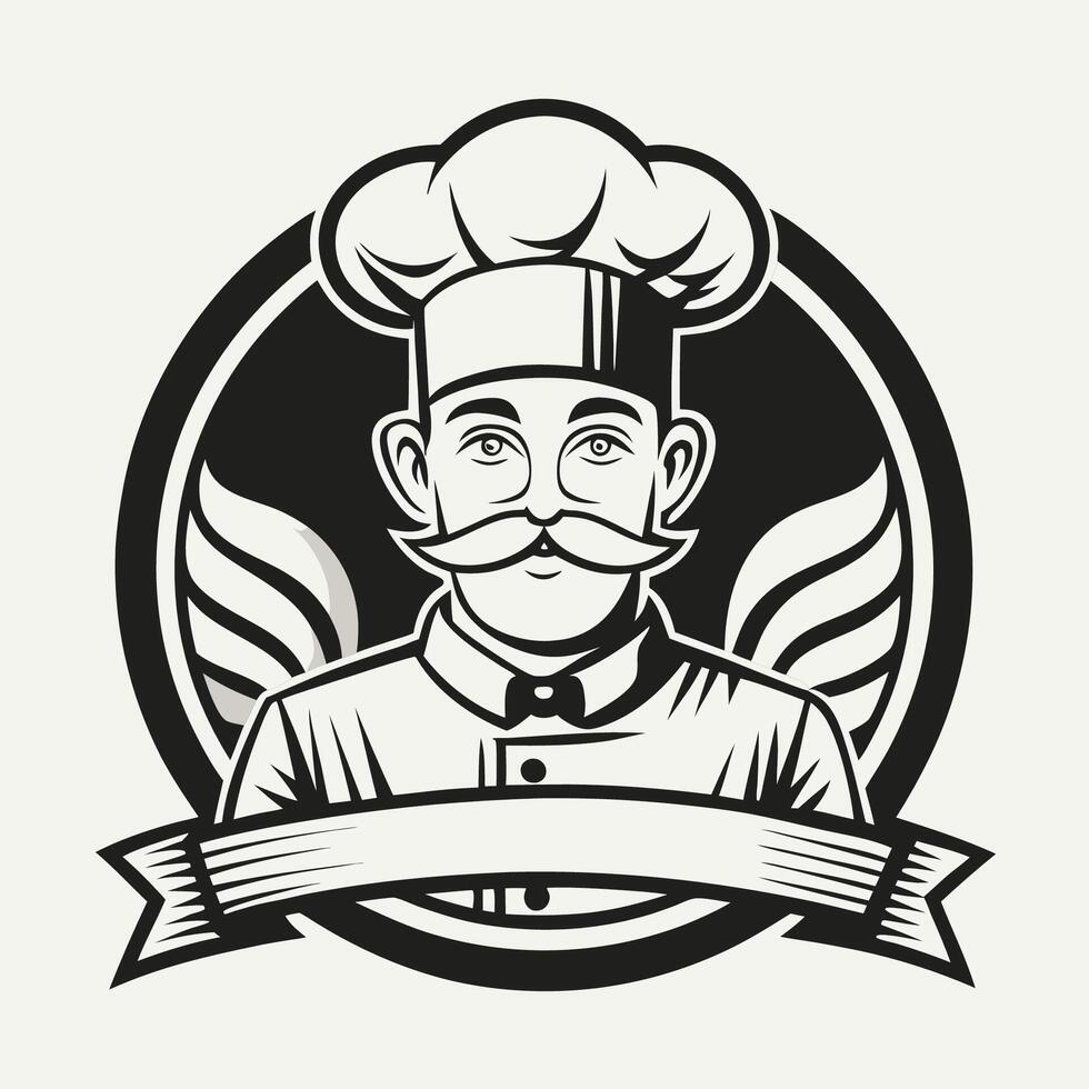 Vintage Badge of a Seasoned Chef in a Classic Restaurant Setting vector