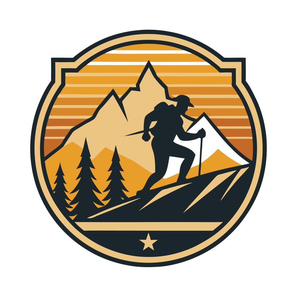 Silhouette of Solo Hiker Ascending a Mountain Trail at Sunrise or Sunset vector