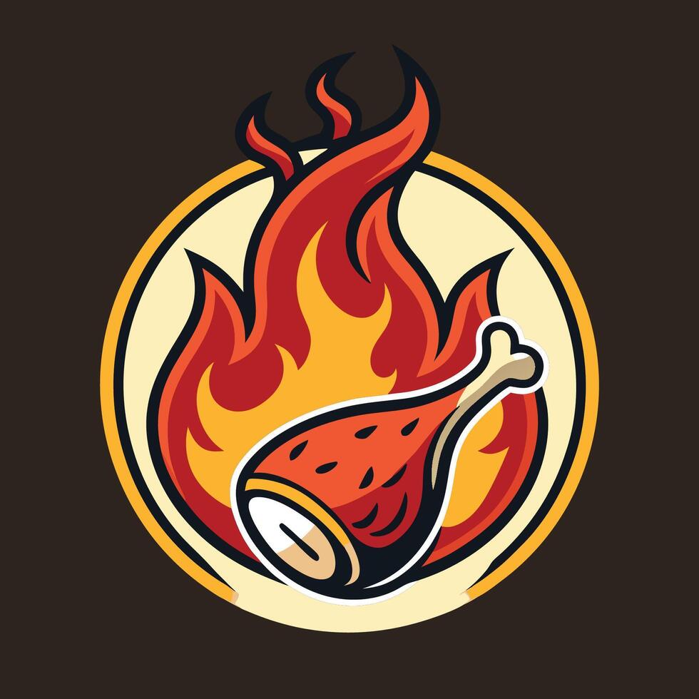 Roasted Meat Leg Flaming over an Intense Flame Emblazoned in a Logo vector