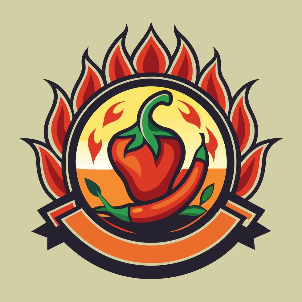 Vintage Logo Featuring a Fiery Chilli Pepper Badge for Spicy Culinary Delights vector