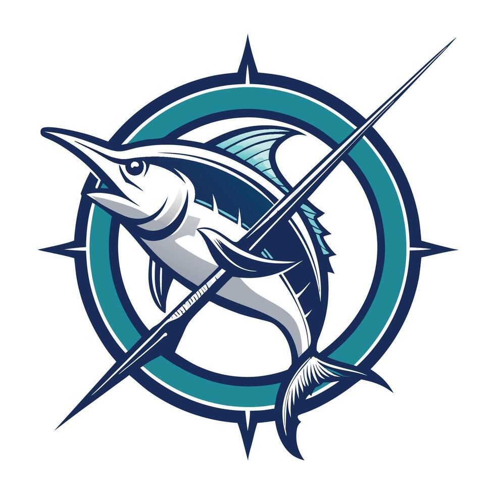 Vintage Marlin Fishing Badge with Crossed Fishing Rods Logo Graphic vector