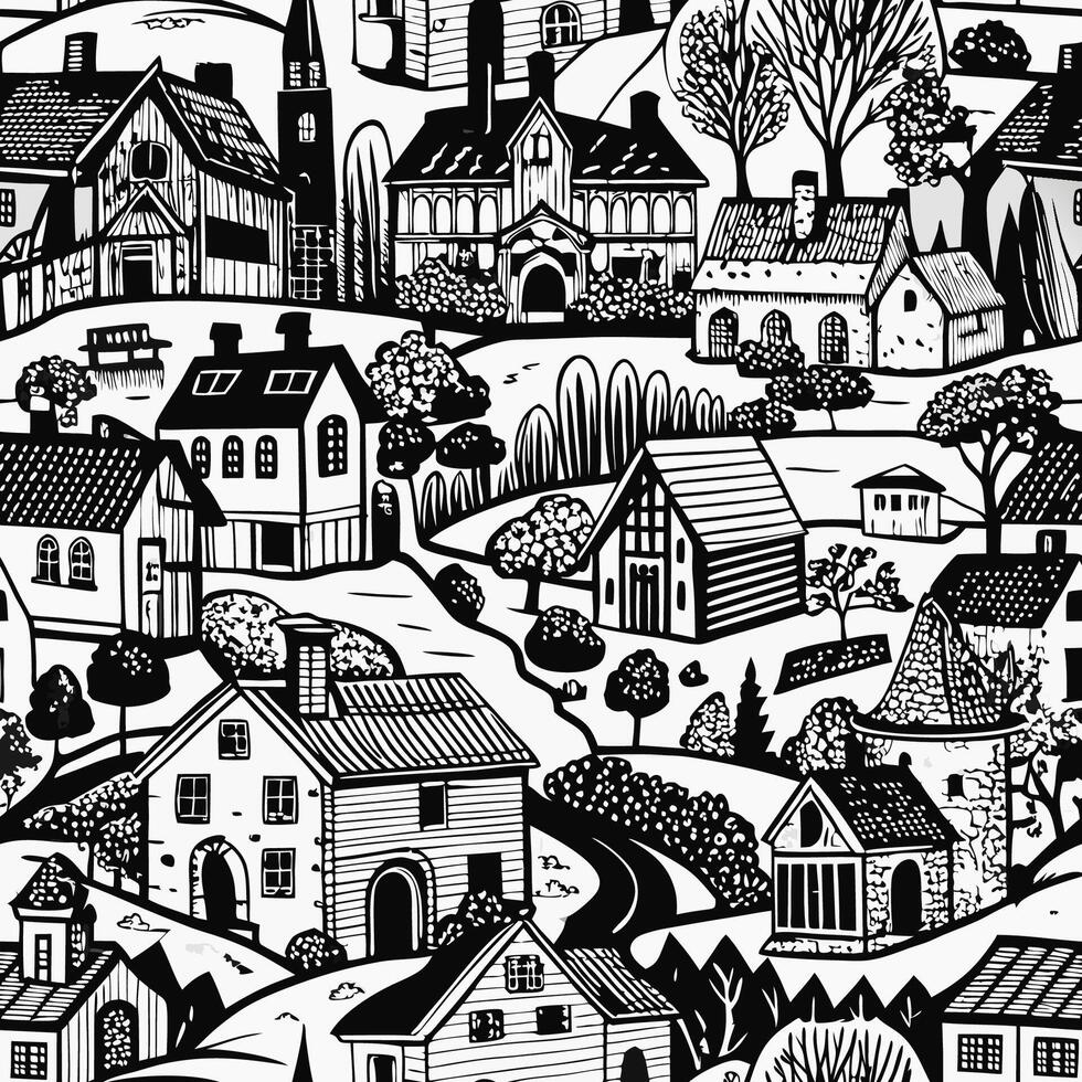 Hand Drawn Black and White Illustration of a Detailed Country House with Intricate Facade vector