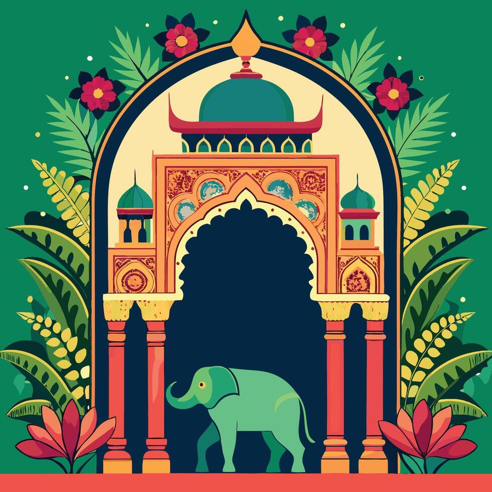 Intricate Mughal Garden Archway with Decorative Plants Adorning a Temple Entrance vector