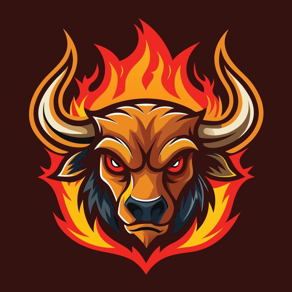 Blazing Bull Buffalo Head Emblem with Fire Element Graphic vector