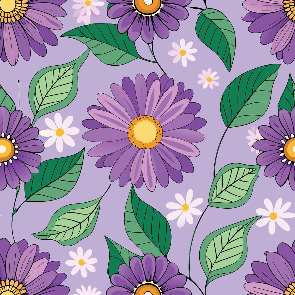 Purple Daisy Floral Seamless Pattern with Delicate Petals and Geometric Repeat vector