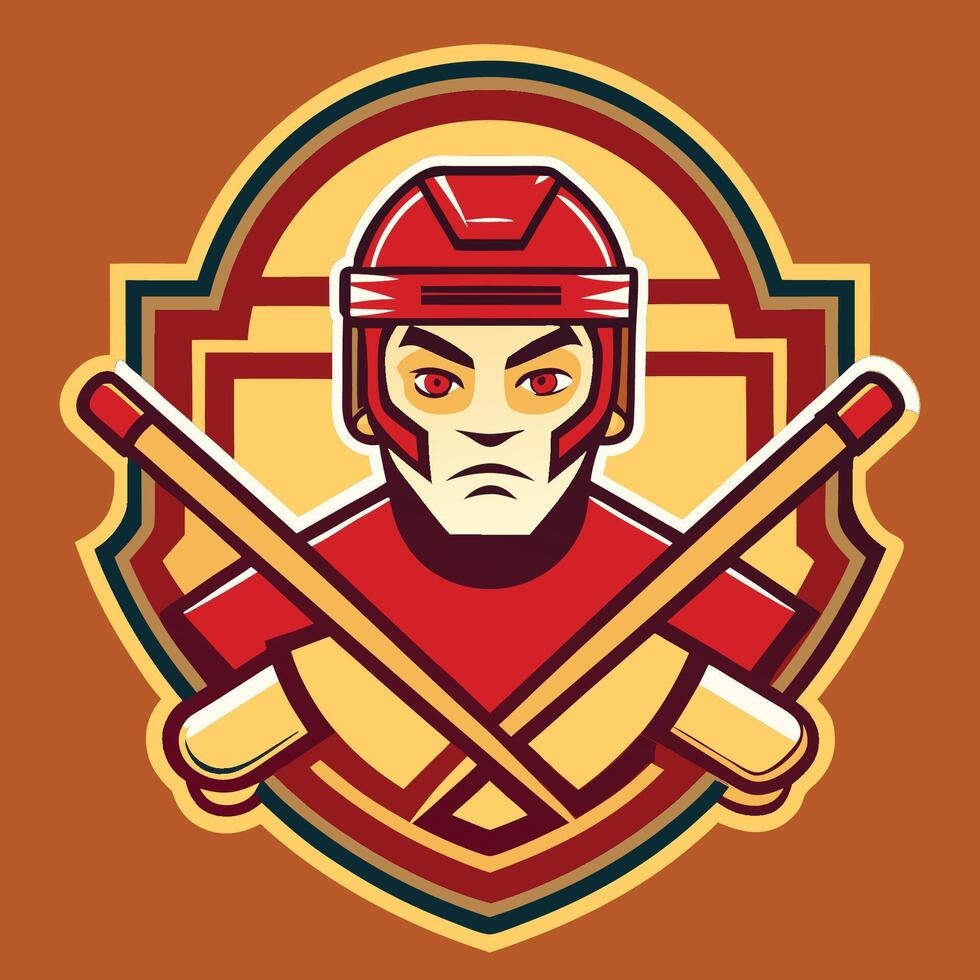 Retro Vintage Hockey Badge Featuring Player Head and Crossed Sticks vector