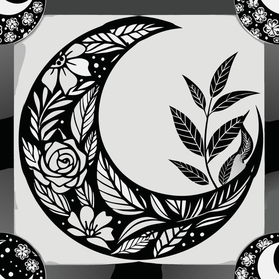 Intricate Black Hand Drawn Floral Crescent Moon with Celestial Background vector