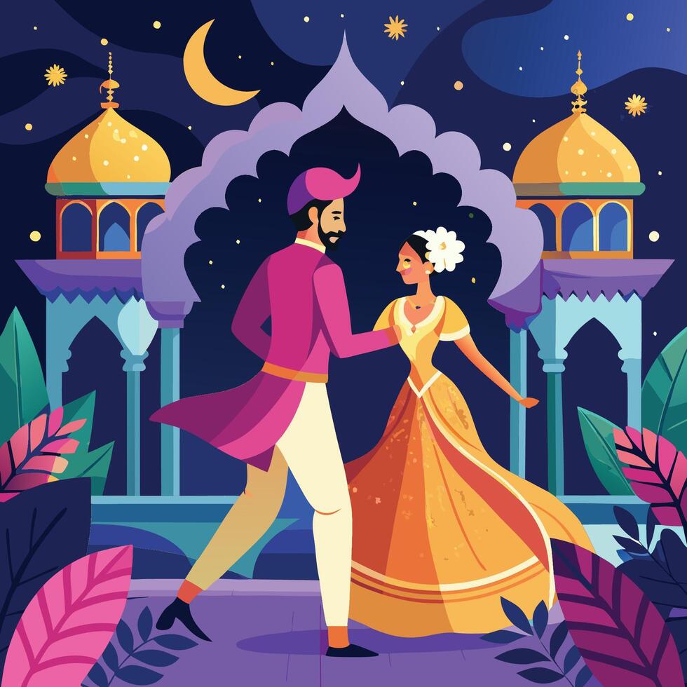 Enchanting Mughal Garden Wedding Dance Under Moonlit Sky vector