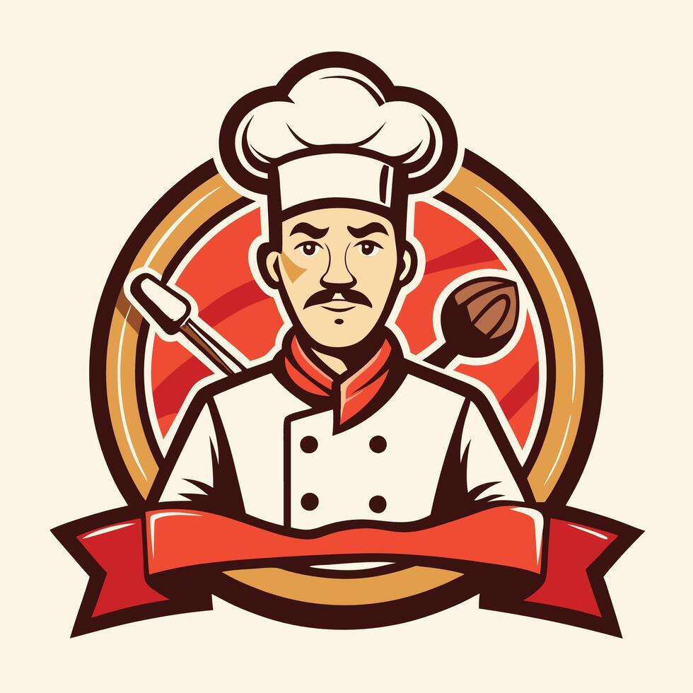 Vintage Emblem Badge Depicting a Chef Cooking in a Restaurant vector