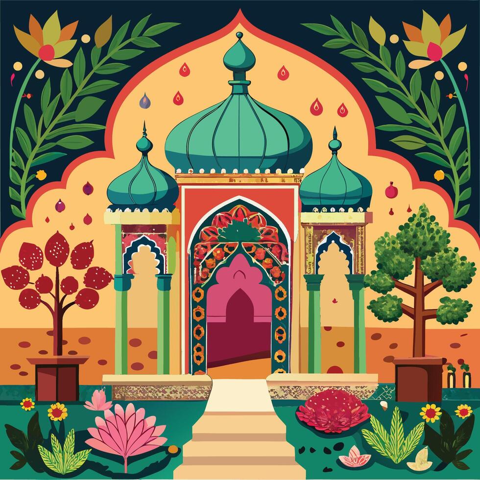 Mughal Decorative Garden Featuring a Majestic Peacock Tree and Intricate Wall Art vector