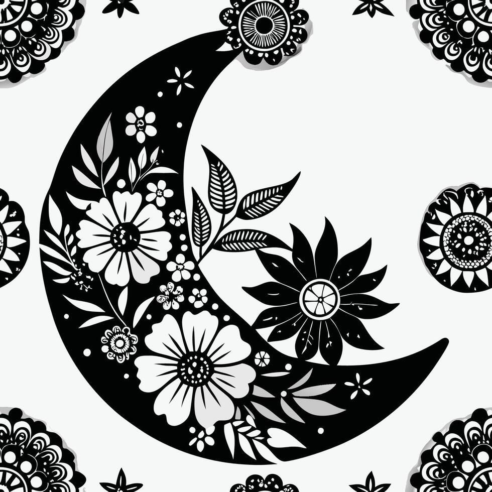 Black Moon Adorned in Floral Embrace A Celestial Cresc Decorated with Nature s Beauty vector