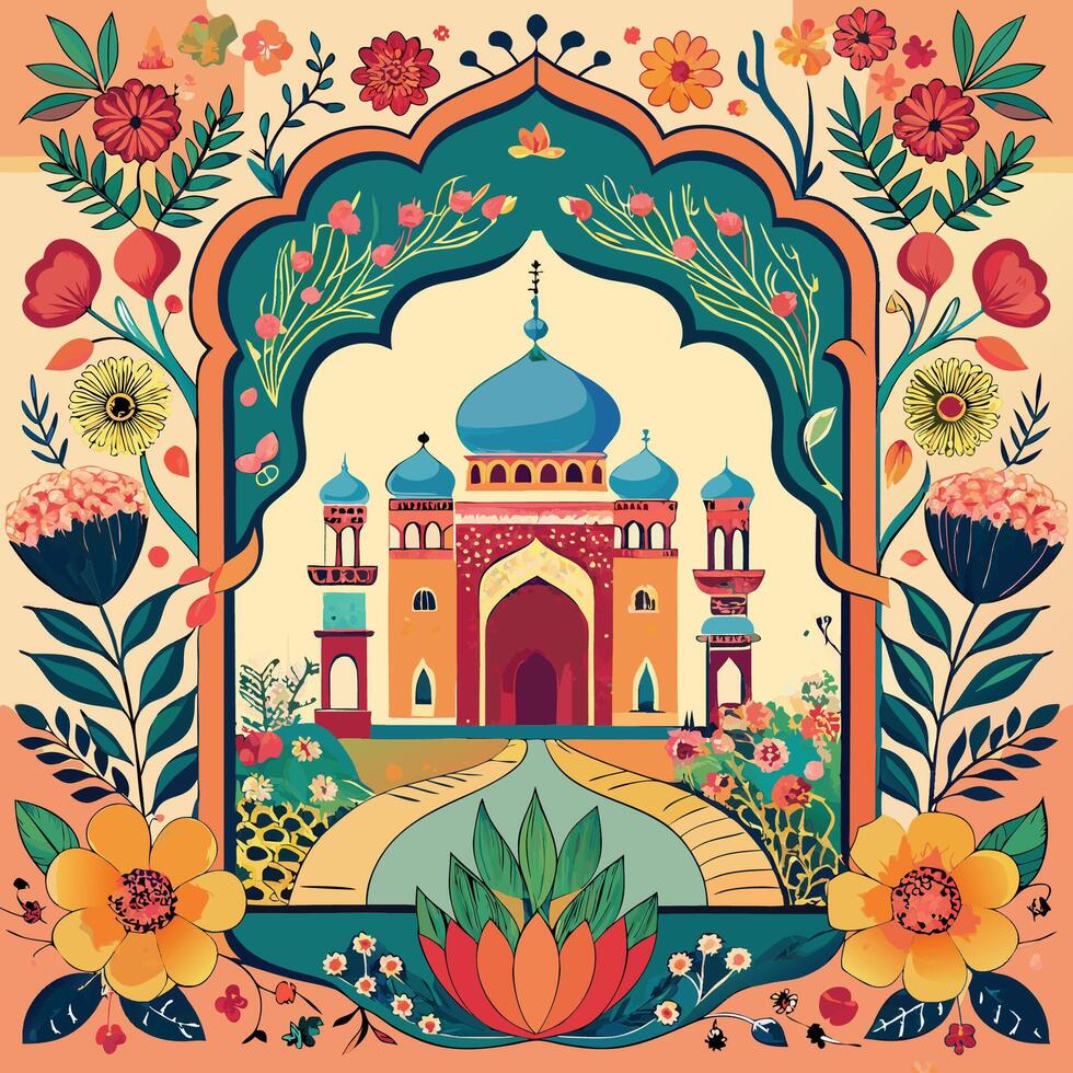 Mughal Patterned Palace Frame with Majestic Peacocks in a Verdant Garden vector