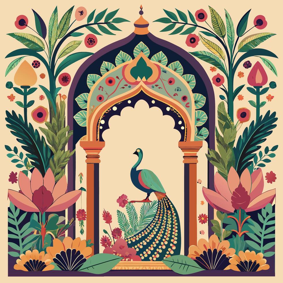 Mughal Architectural Masterpiece Ornate Garden Archway Adorned with a Majestic Peacock vector