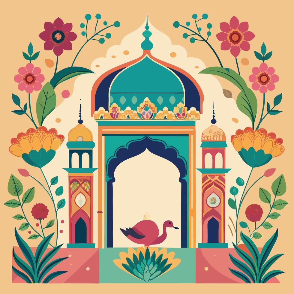 Ornate Mughal Garden Archway with Palace Temple and Peacock Illumination vector
