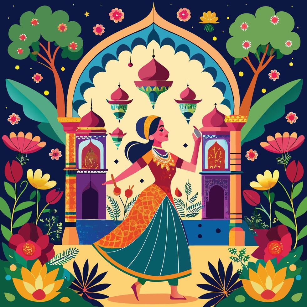 Mughal Court Dancer in Serene Garden with Majestic Peacock vector