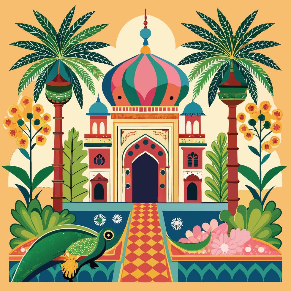 Traditional Mughal Garden with Palm Trees Peacocks and Intricate Details vector