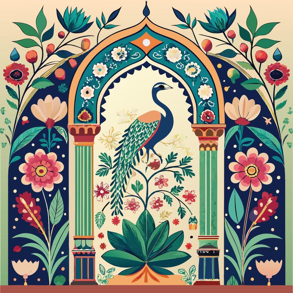 Mughal Inspired Decorative Garden Arch Pattern with Peacock Motifs vector